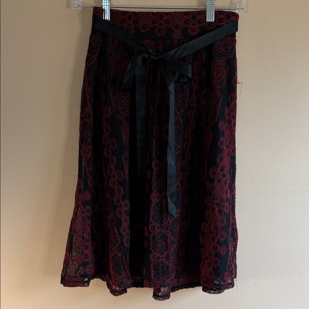 Black and Burgundy Lace A-Line Skirt with Satin Tie